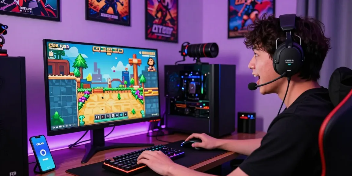 Player enjoying CIKA4D platform game with vibrant graphics and modern gaming setup, showcasing immersive online gaming experience.