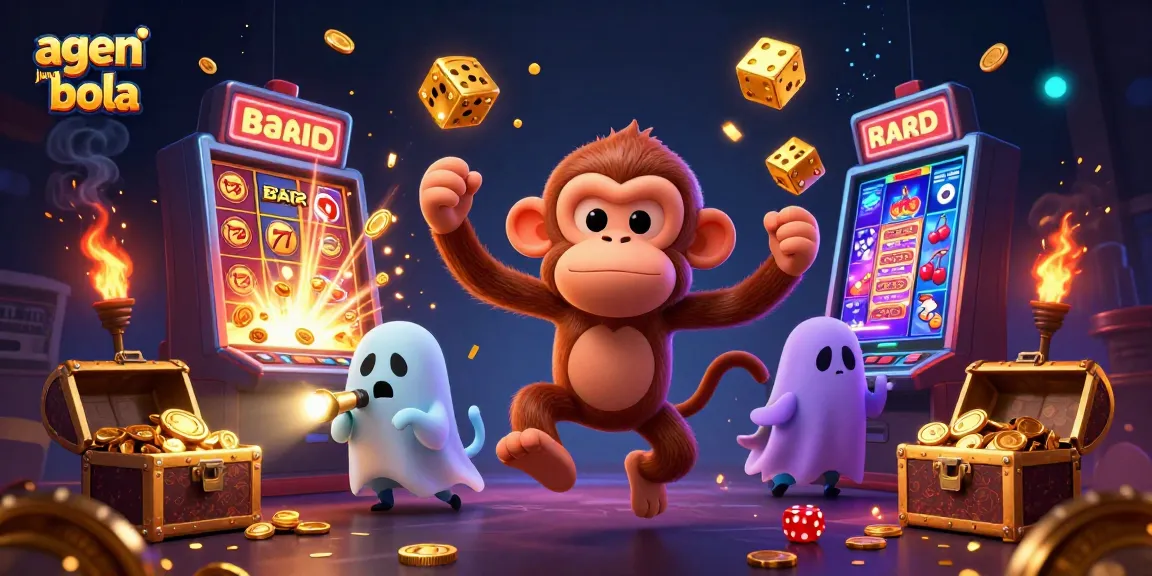 Experience thrilling agen judi bola excitement with a playful ghost monkey juggling golden casino treasures.
