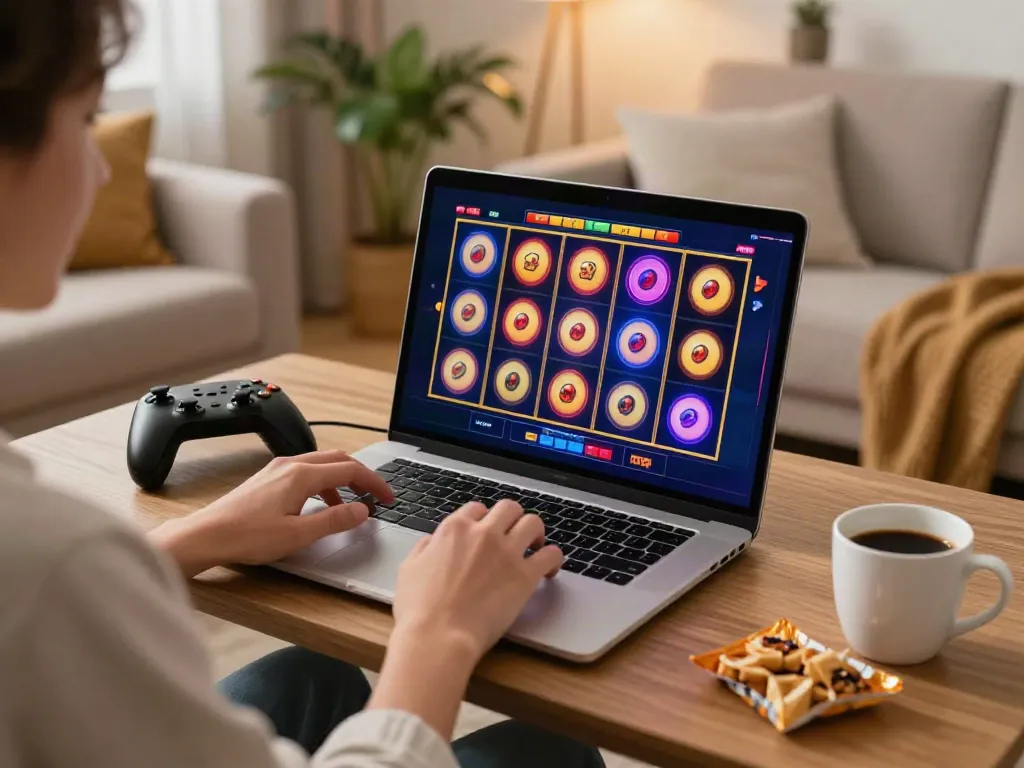Engaging player enjoying slot online in a cozy living room.
