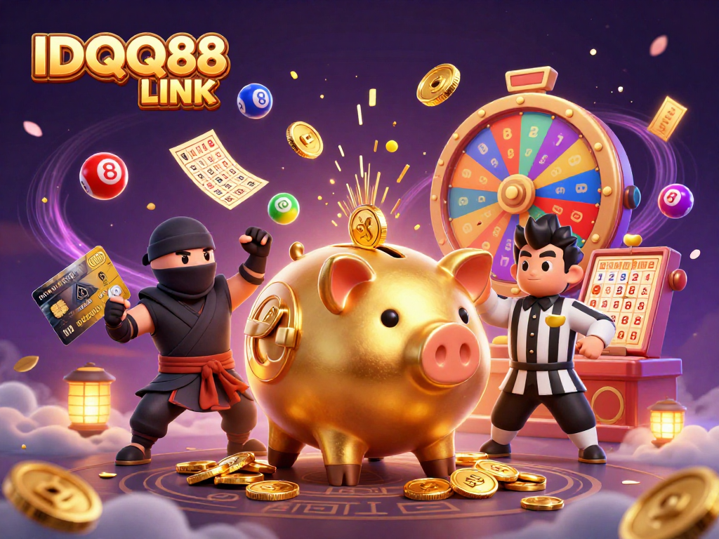 Engage with the thrilling IDQQ88 LINK as a golden piggy bank sumo wrestler shakes coins, surrounded by vibrant gaming elements.
