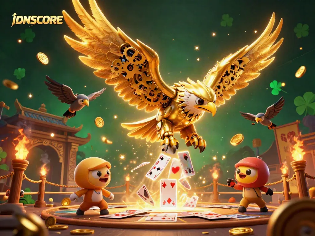 Experience the thrill of gaming with IDNSCORE, dynamic cybernetic eagle, and holographic cards in action.