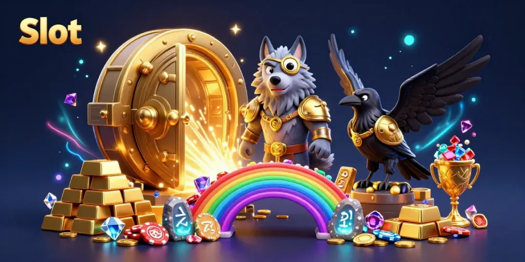 Menangkan Slot dengan simbol keberuntungan dan karakter mitologi Norse, dalam ilustrasi penuh warna dan fantastis.