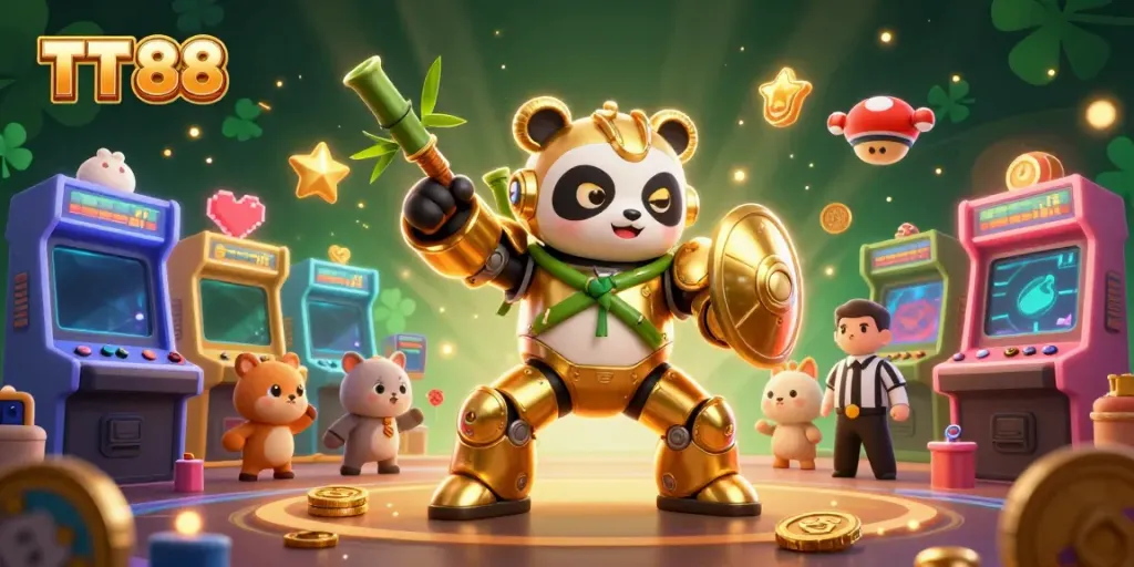 Experience the excitement of TT 88 with a golden panda battling in an animated casino arena.