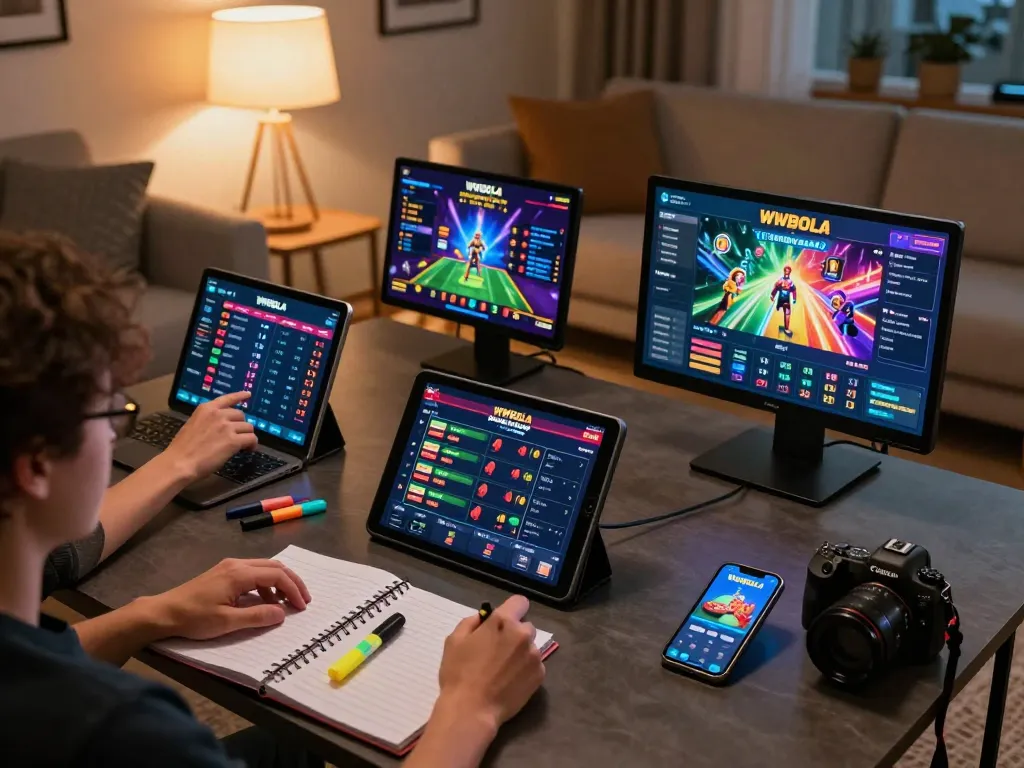 Player engaging with WWBOLA's sportsbook and slot games on multiple tablets, showcasing an interactive home gaming experience.