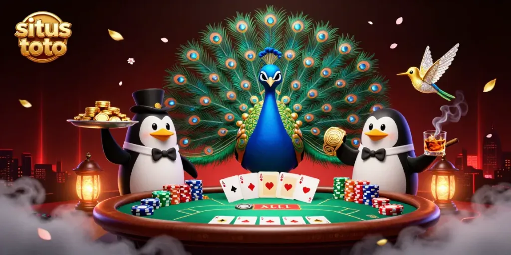 Melihat situs toto, burung merak berkilau menunjukkan kemewahan perjudian sambil didampingi penguin pelayan dan kolibri.