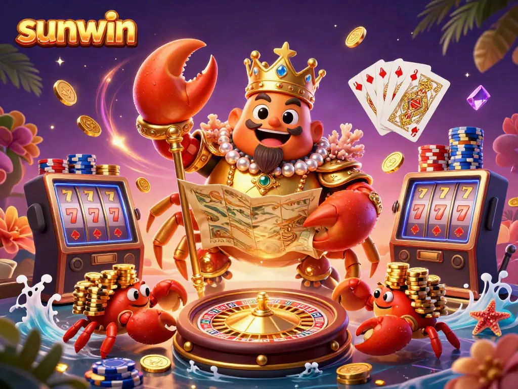 Experience the excitement of sunwin with a vibrant 3D casino crab emperor holding treasure and chips.