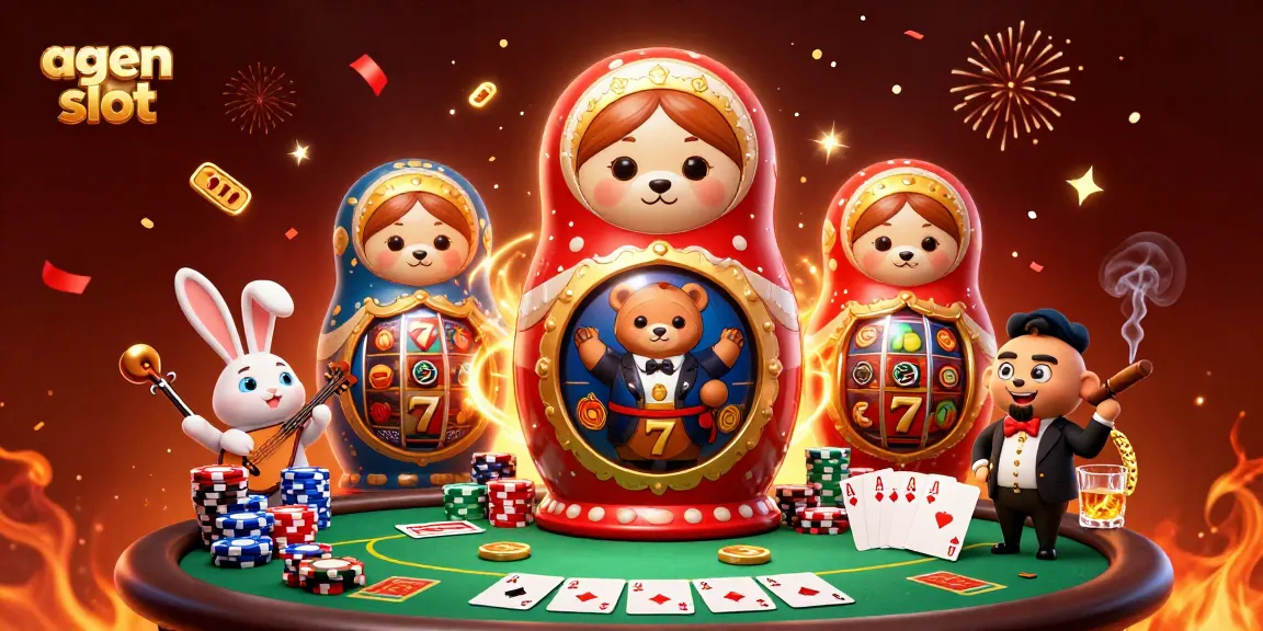 Permainan agen slot dengan karakter beruang dan dealer kasino dalam ilustrasi kartun 3D.