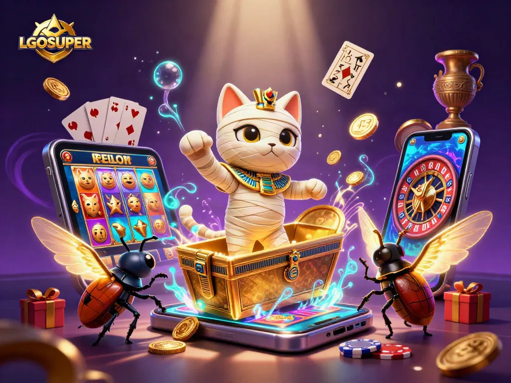 Experience thrilling gaming with LGOSUPER, as the mummy cat bursts from the sarcophagus amidst vibrant slot games and glowing treasures.