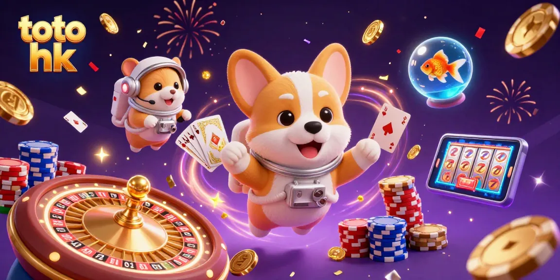 Rasakan sensasi bermain toto hk dengan ilustrasi 3D penuh warna yang menunjukkan corgi astronot dan elemen kasino yang dinamis.