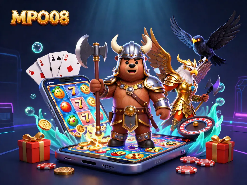MPO08 slots scene featuring a Viking bear and Valkyrie eagle with casino elements
