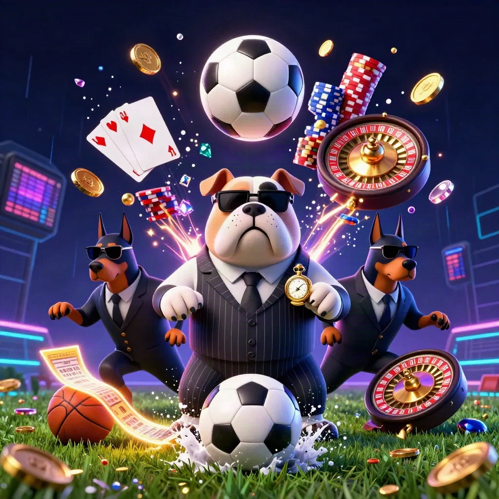 Buldog mafia dan dua doberman, bola dan efek kasino neon meledak di latar gelap.