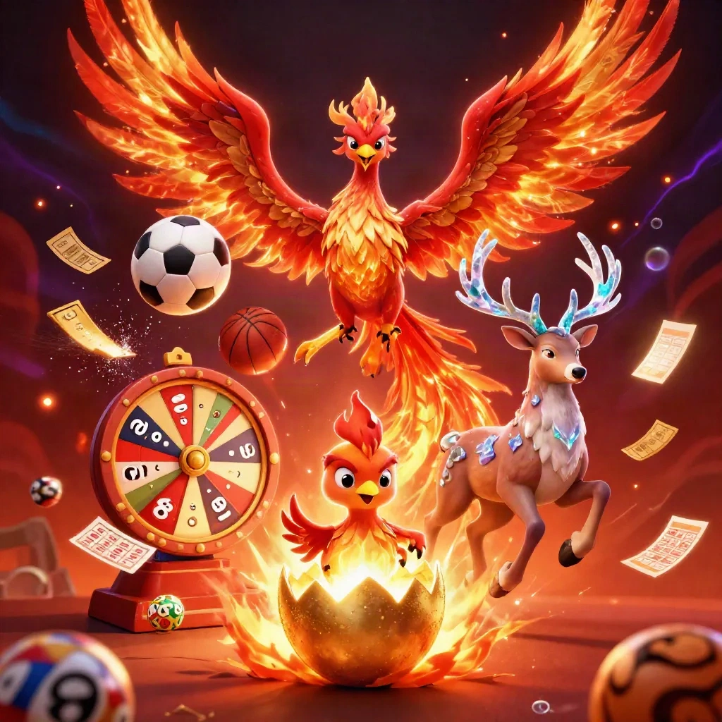 Phoenix, rusa kristal, dan elemen judi emas meledak di latar api mewah.