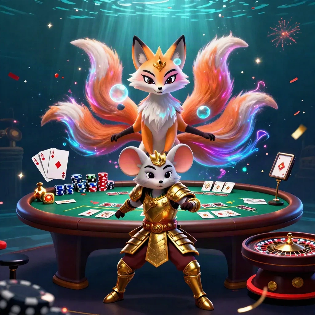 Rubah roh tiga dimensi dan tikus samurai emas di meja kasino mewah dengan cahaya ajaib.