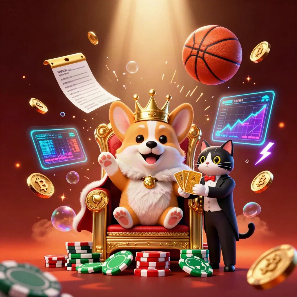 Corgi mahkota dan kucing pelayan di atas chip, bola dan koin kripto melayang bercahaya.