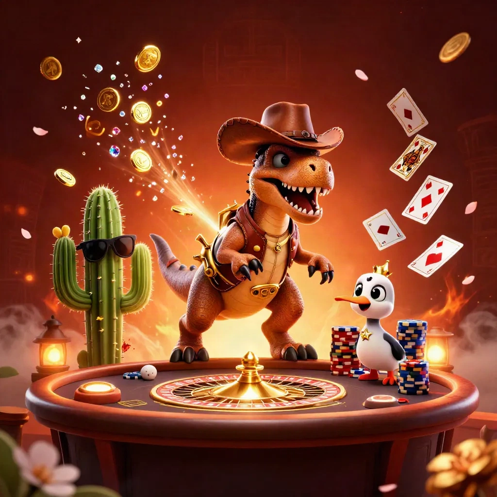 T-Rex koboi, kaktus berkacamata, dan roadrunner di kasino emas dengan koin, permata, dan roulette.