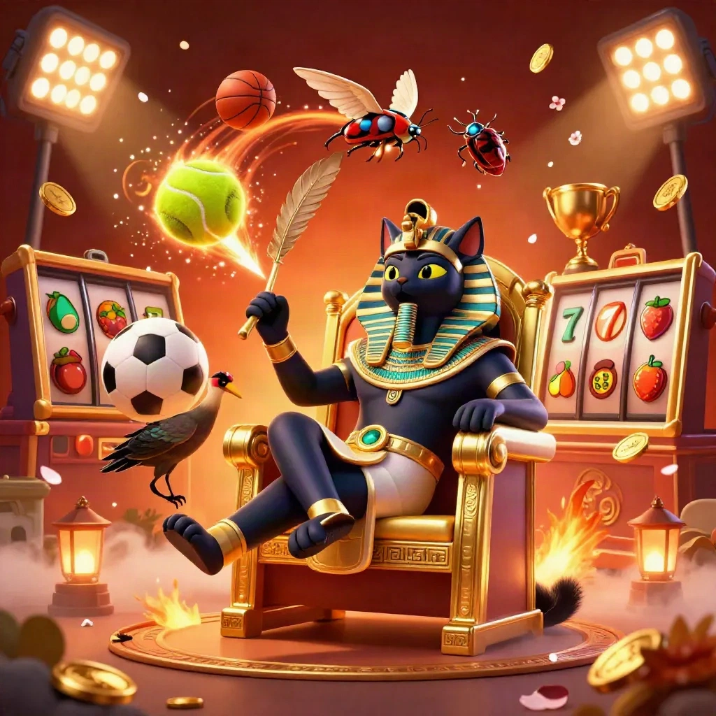 Pharaoh kucing, ibis, dan kumbang scarab dikelilingi bola, koin, serta cahaya emas meledak.