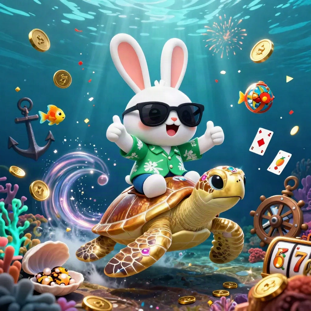 Kelinci kartun naik kura-kura emas di bawah laut, dikelilingi koin, permata, dan kilau kasino.