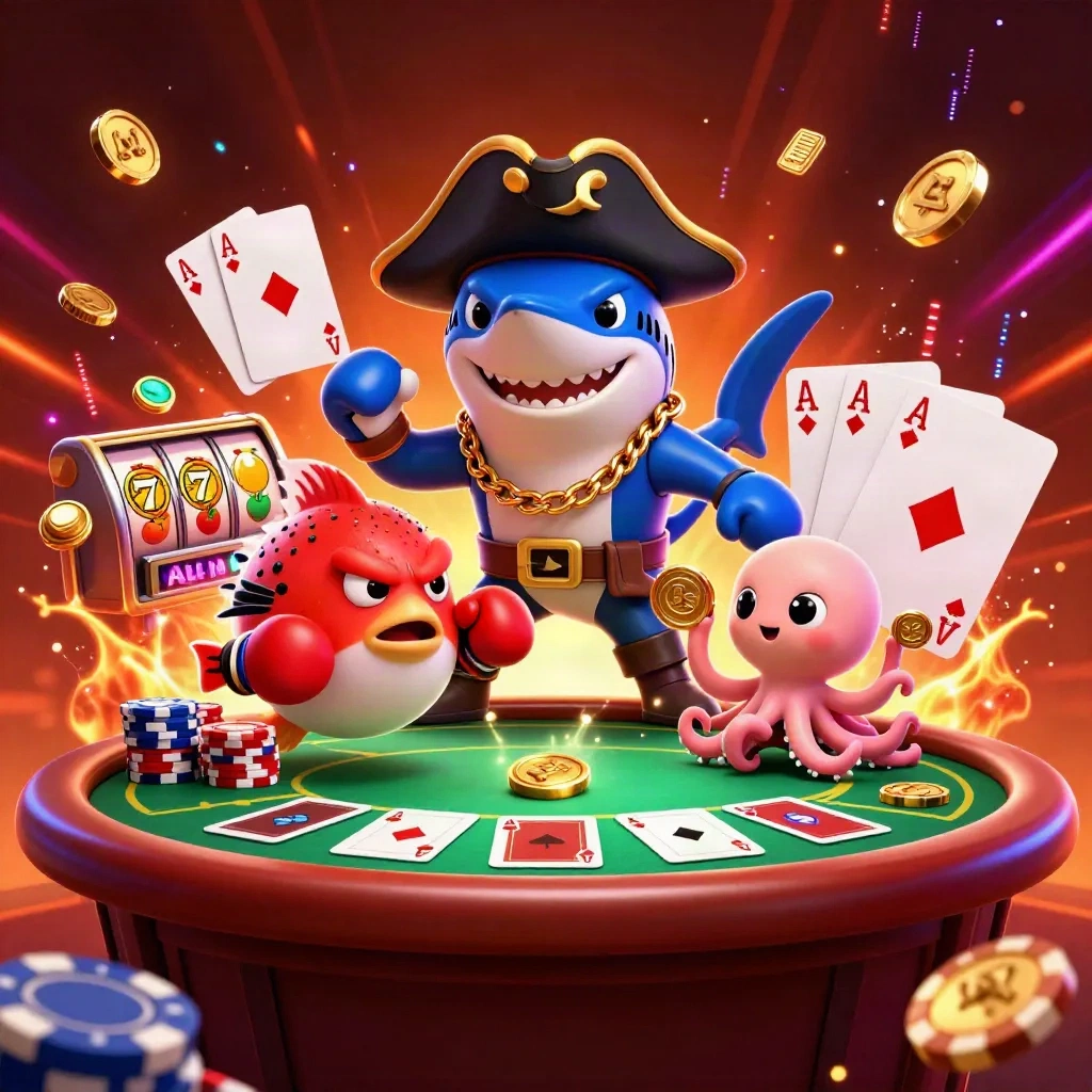 Kapten hiu bajak laut, ikan buntal, dan gurita kecil di meja poker neon, ledakan koin dan kartu.