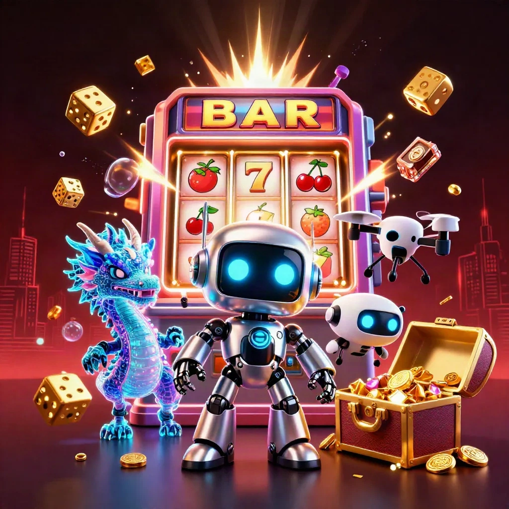 Robot cyberpunk, naga hologram, dan drone di ledakan slot emas dan permata.