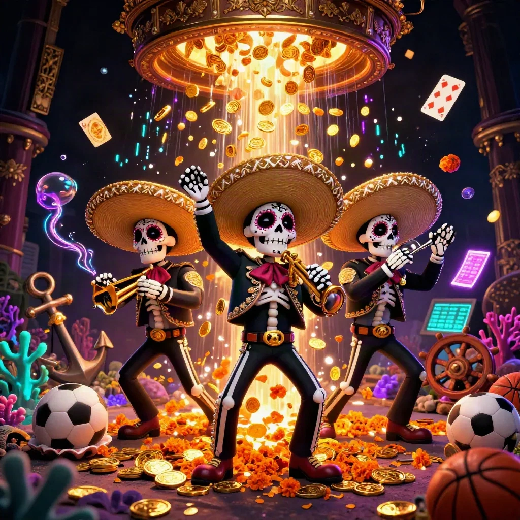 Tiga skeleton mariachi meriah dikelilingi koin emas, harta karun, dan efek neon mewah.