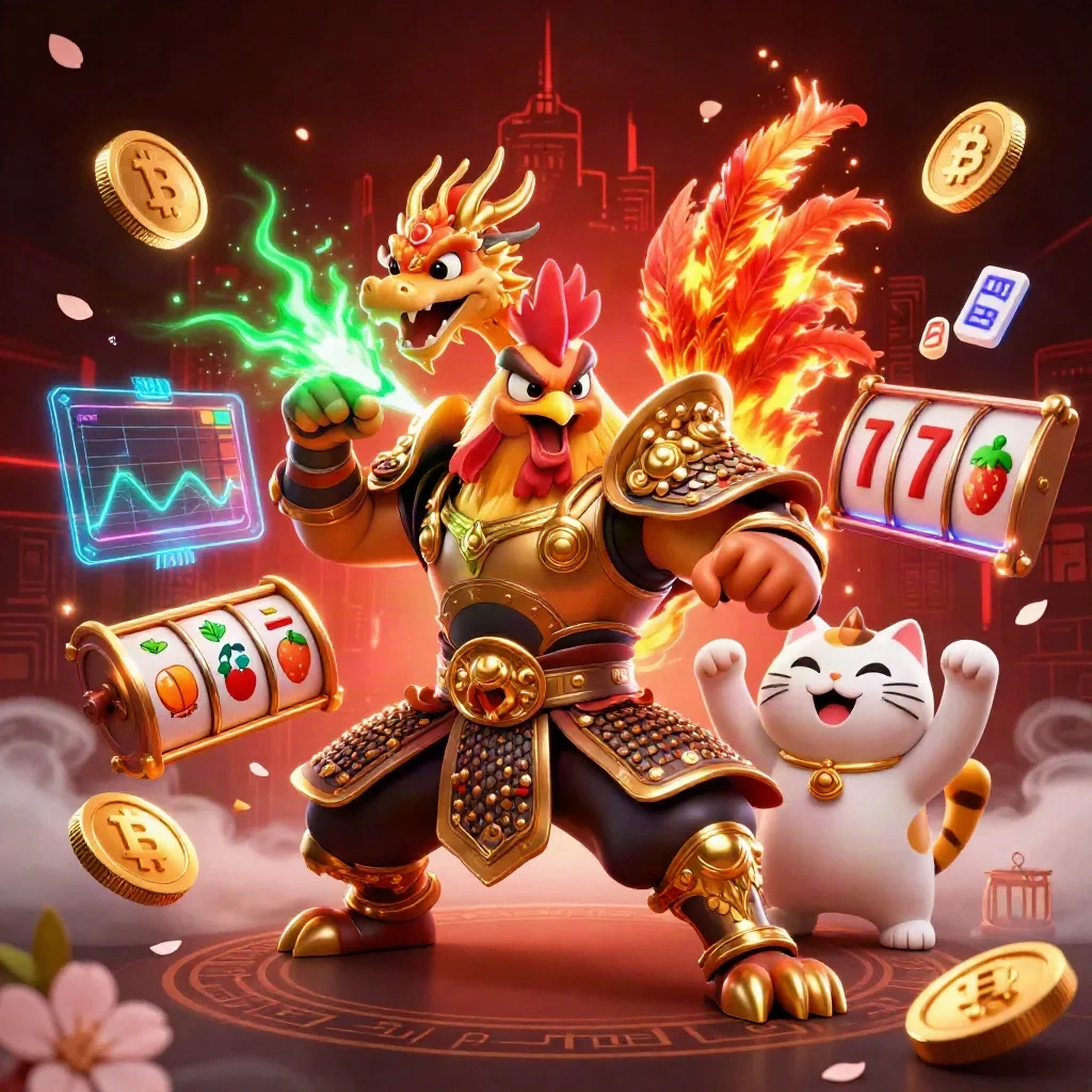Ayam samurai emas, naga kecil, dan kucing keberuntungan dikelilingi koin crypto neon.