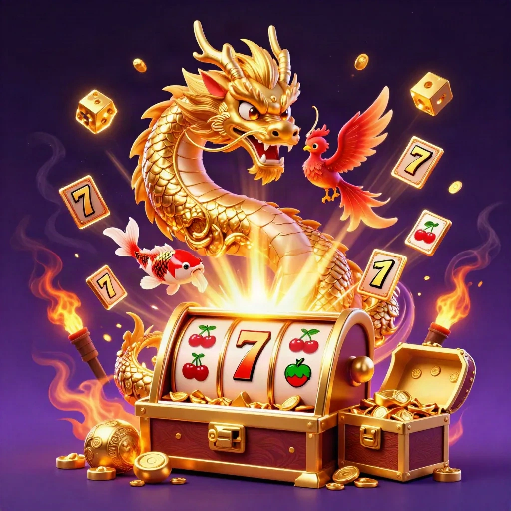 Naga emas, phoenix merah, koi, dan mesin slot meledak dengan emas di latar ungu gelap.