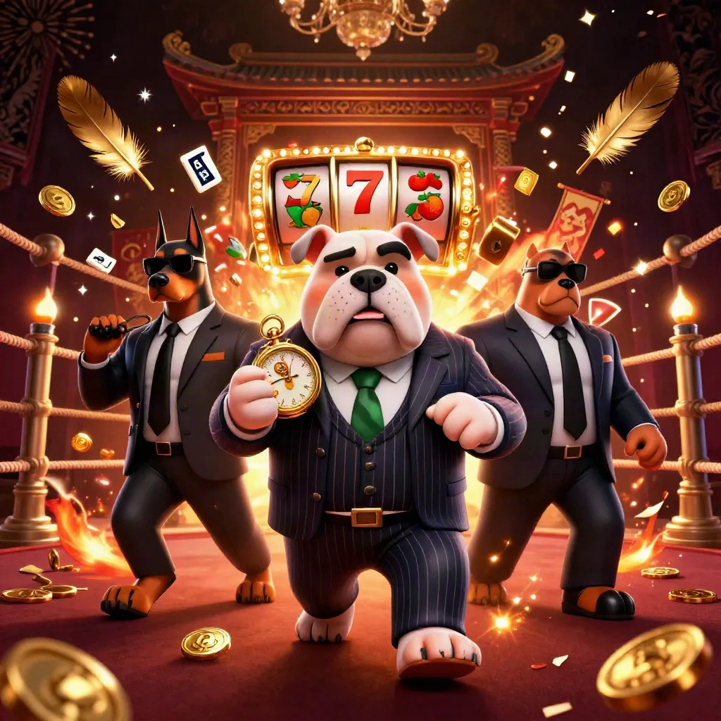 Bulldog mafia kartun diapit dua doberman, dikelilingi emas, slot, dan gerbang kuil mewah.