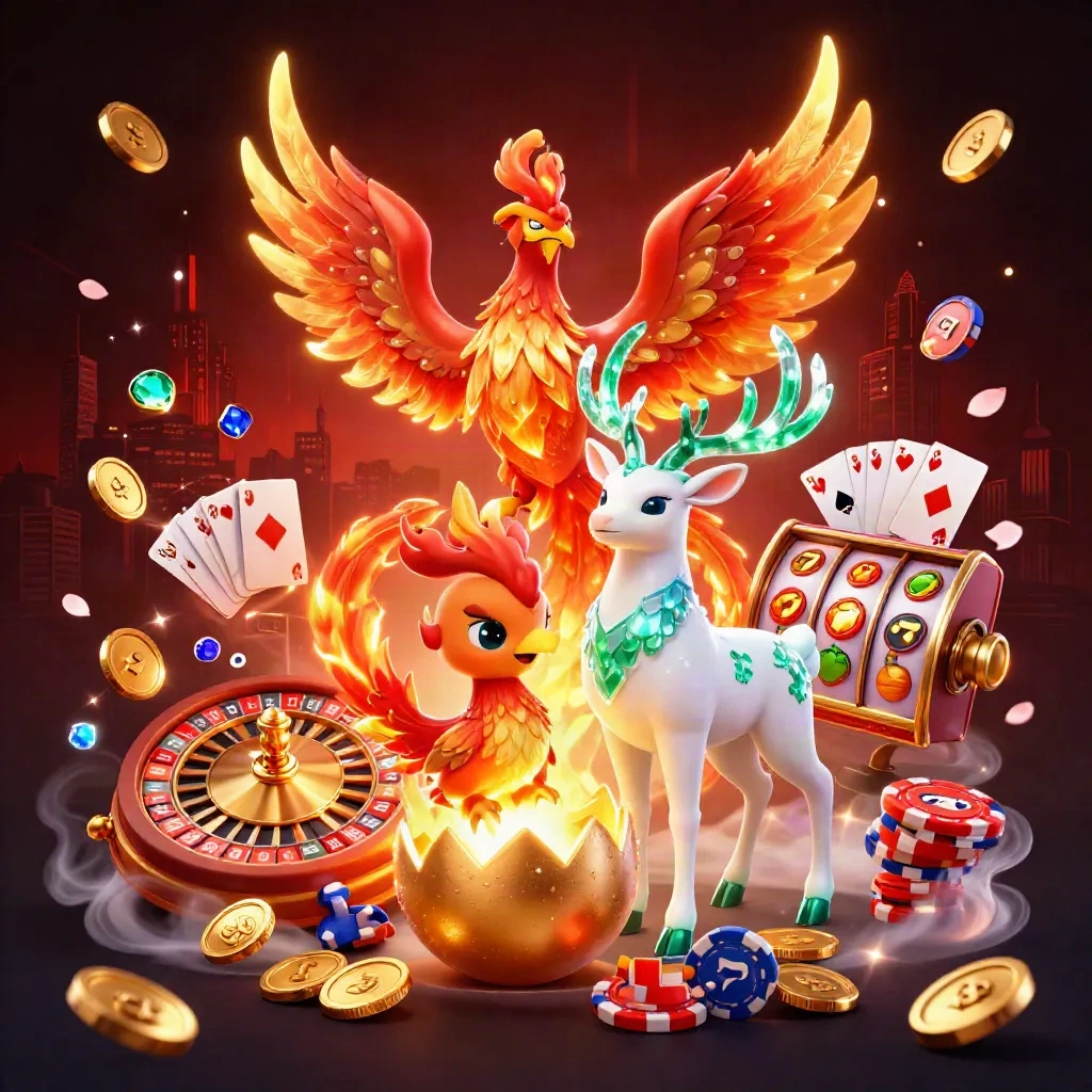 Phoenix merah emas, bayi phoenix, dan rusa kristal di antara koin, kartu, dan cahaya kasino mewah.
