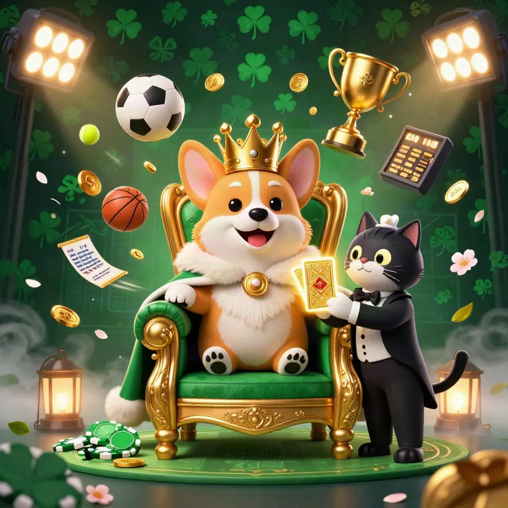 Korgi raja 3D di takhta chip poker, pelayan kucing, bola olahraga, koin emas, dan kilau neon.