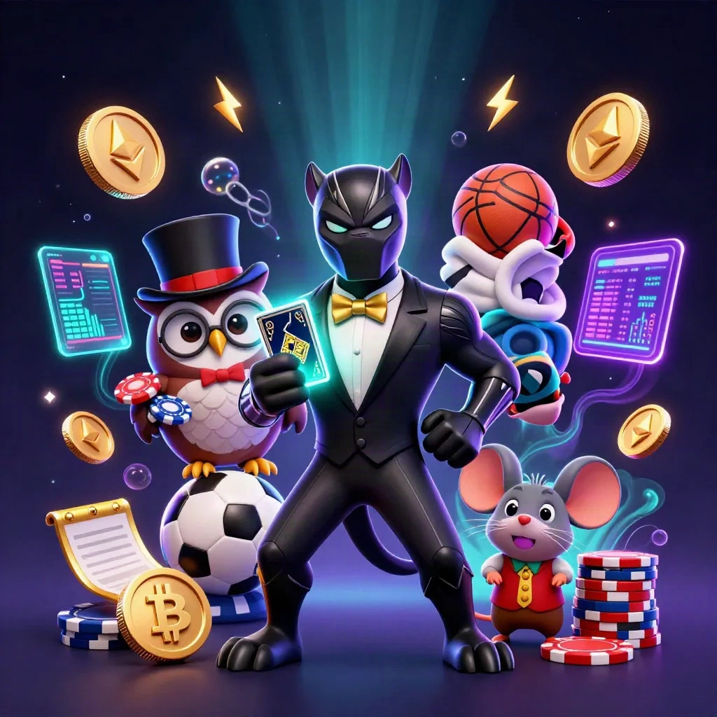 Tiga hewan kasino 3D mewah dengan koin kripto, petir neon, dan cahaya emas di latar ungu gelap.