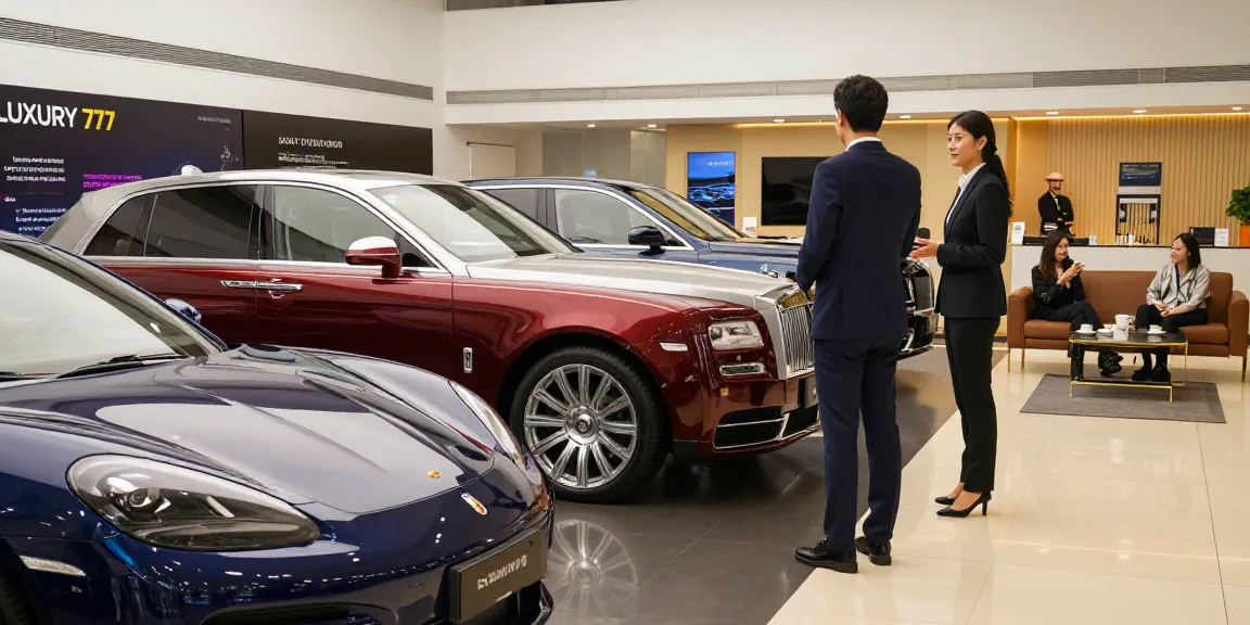 LUXURY 777 mobil mewah di showroom modern dengan pengunjung.