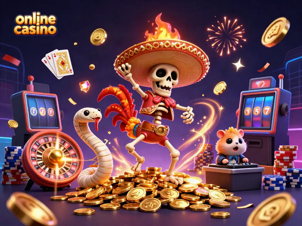 Engage in exciting moments at an online casino with a vibrant, animated 3D scene.