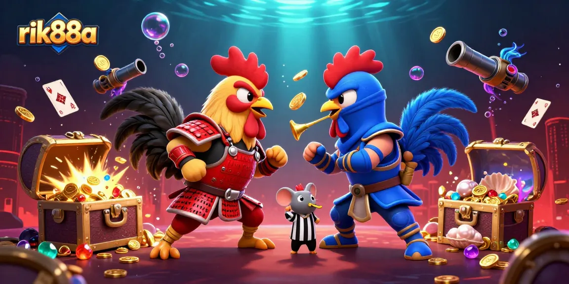 Experience strategic play at rik88a with dynamic roosters and casino elements in vivid underwater illustration.