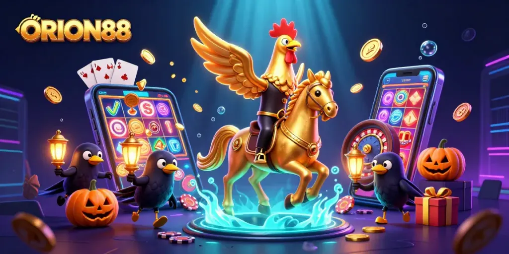 Experience the thrill of ORION88 with vibrant casino elements and characters in a dynamic 3D scene.