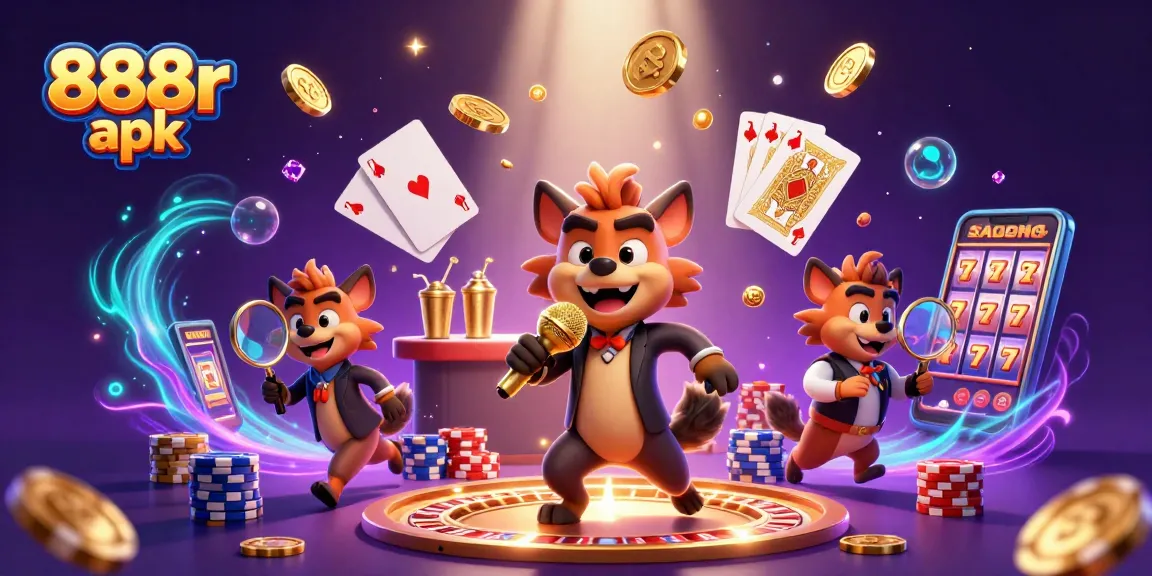 Experience thrilling fun with 888r apk in a vibrant casino scene featuring lively hyenas.