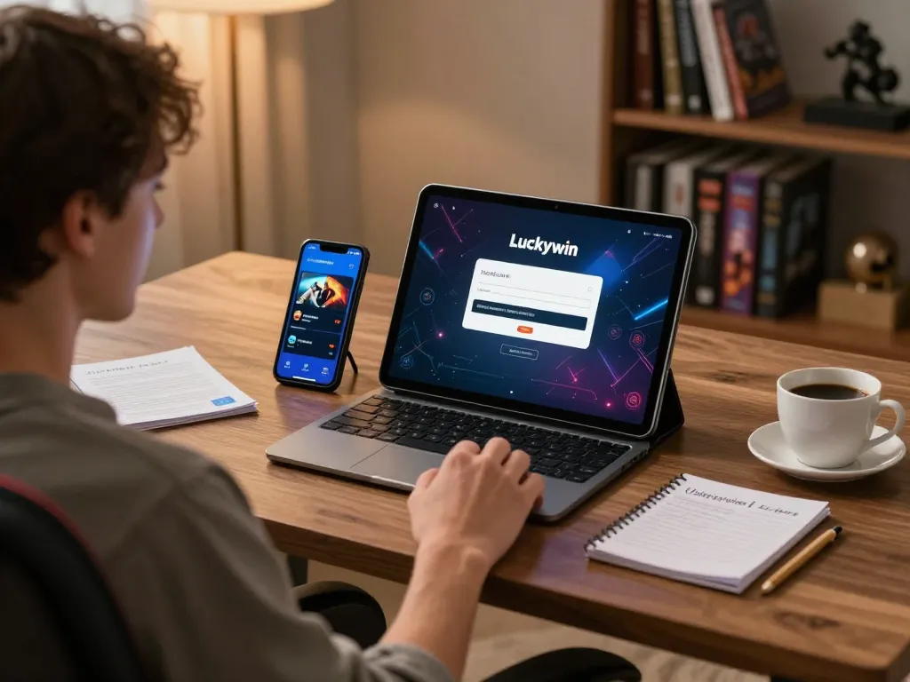 Engage in Đăng nhập Luckywin seamlessly with a modern online gaming setup featuring a tablet and smartphone.