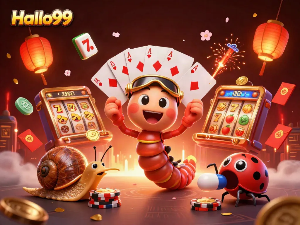 Experience thrilling slots with Halo99 as cartoon dealers engage players amidst vibrant casino icons.