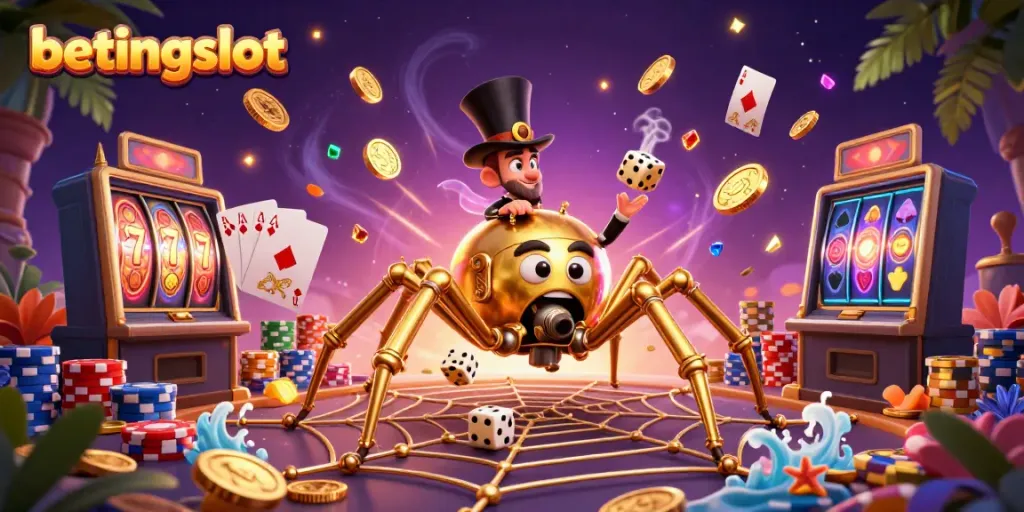 Permainan slot betingslot dengan spider steampunk dan karakter menarik dalam ilustrasi 3D.