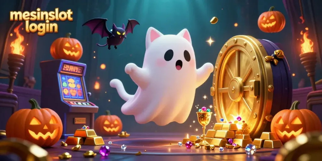 Experience the excitement of mesinslot login, featuring a ghost cat and vampire bat in a jeweled casino.