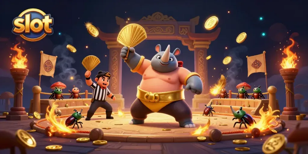 Mesin slot berputar dikelilingi koin emas yang bertebaran saat juara sumo kumbang menyerang secara dramatis.