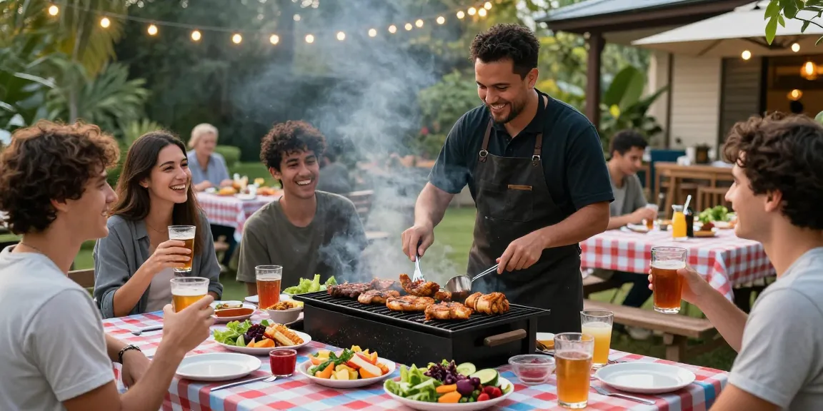 Suasana BBQ di luar ruangan, menampilkan BOS 88 sebagai hidangan utama di pesta makanan bersama teman.