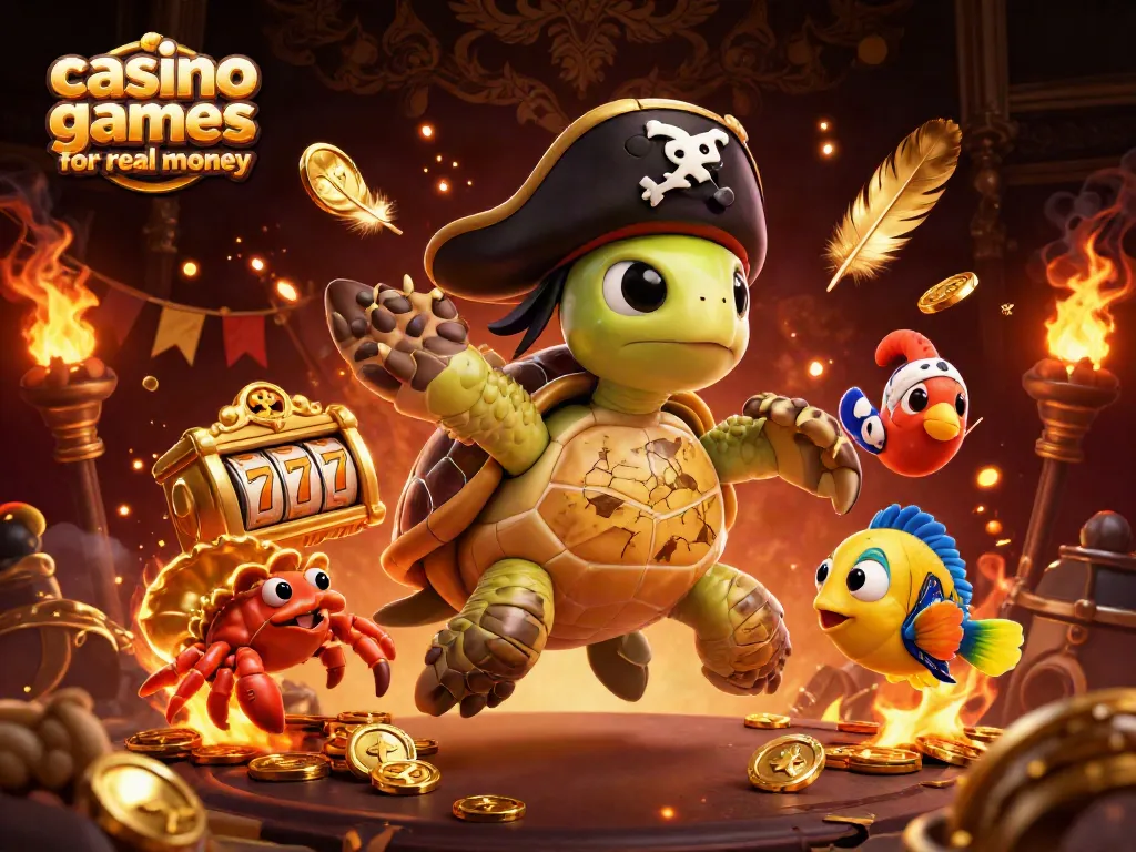 Engage with exciting casino games for real money featuring a pirate turtle, crab, and vibrant elements.