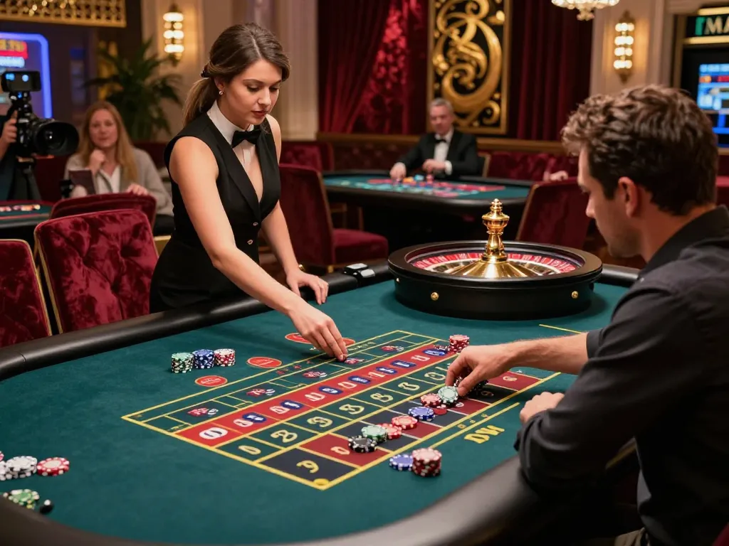F168 live casino scene with a player engaging at the roulette table, highlighting excitement and luxury.