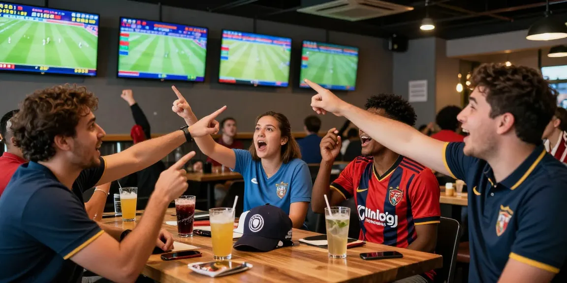 Excited fans placing bets on link bola in a lively sports bar during Piala Dunia 2026.