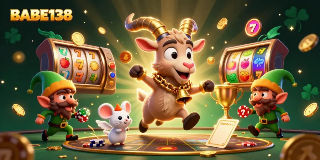 Menyaksikan BABE138 dengan simbol slot menggiurkan dan karakter kartun di kasino menyenangkan.