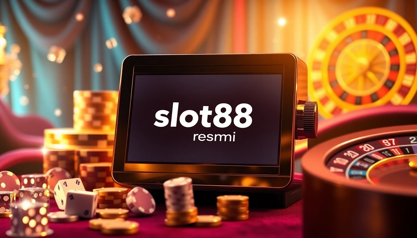 Experience the excitement of slot88 resmi with a luxurious online casino setup featuring vibrant slot machines.
