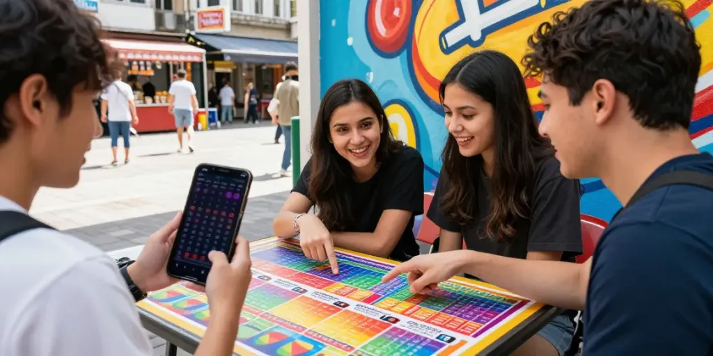 Diskusi penuh semangat tentang toto macau di depan mural yang cerah.
