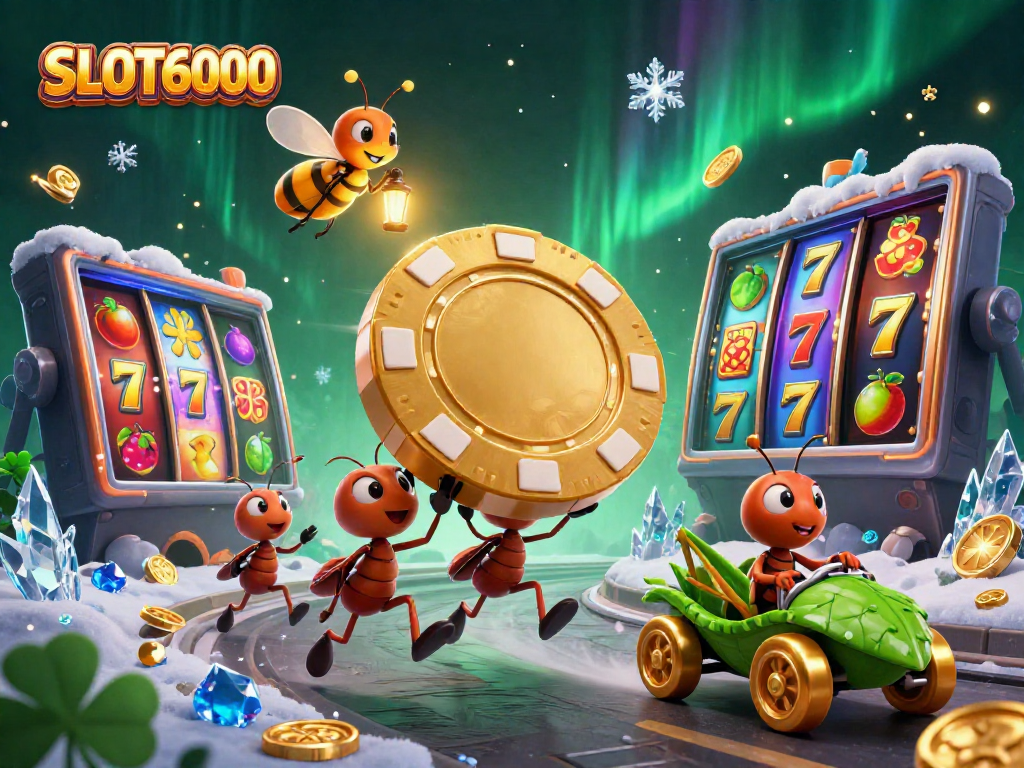 SLOT6000 menghadirkan kehebohan tim semut yang mencuri poker chip emas di dunia slot yang penuh warna.