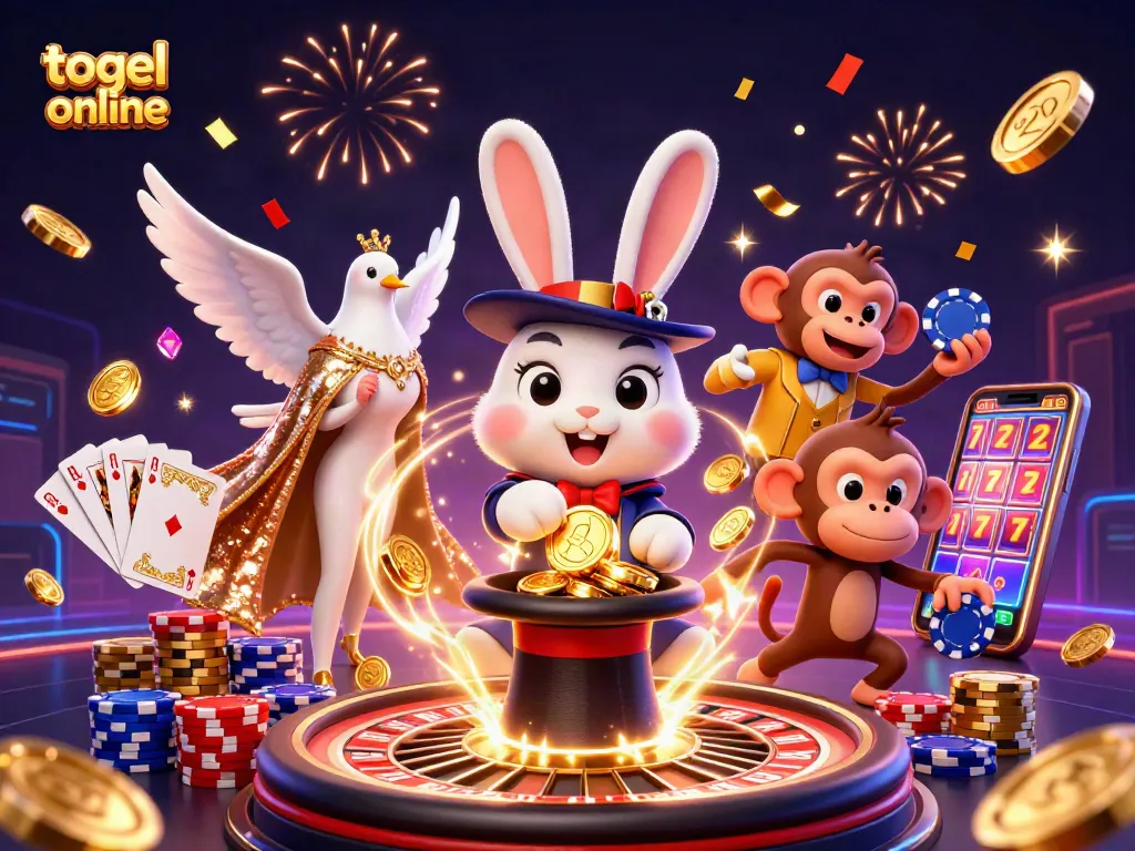 Menangkan togel online dengan ilustrasi kasino penuh warna yang menampilkan rabbit pemula menarik koin emas.