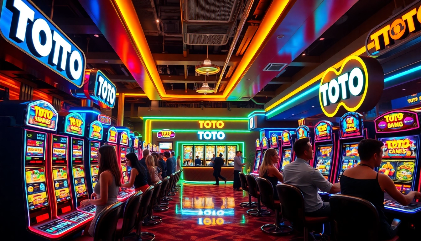 TOTO game area with vibrant slot machines and excited players in a lively casino setting.